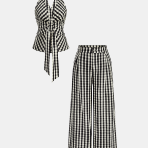 Gingham Halter Tie-Waist Top & Pants Set