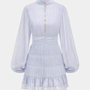 Pleated Button Long Sleeve Ruffled Mini Dress