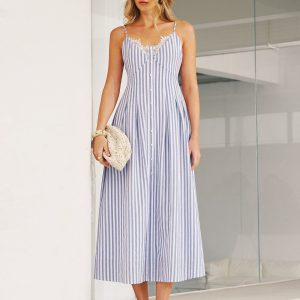 Lace Trim Striped Cami Maxi Dress