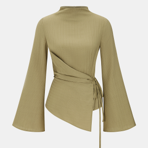 Tie-Waist Textured Stand-Collar Bell-Sleeve Blouse