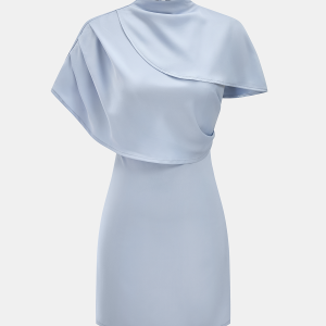 High Neck Satin Cape Sleeve Mini Dress