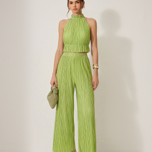 Pleated Halter Crop Top & Pants Set