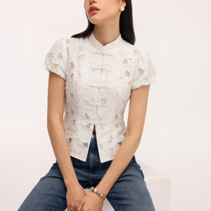 Frog Button Mandarin Collar Textured Blouse