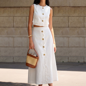 Cotton Linen Scallop Trim Vest & Skirt Set