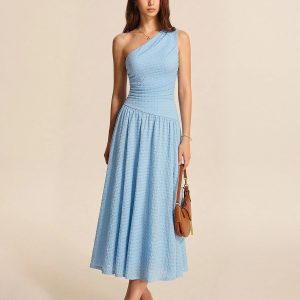 One-Shoulder Ruched Textured Midi Dress