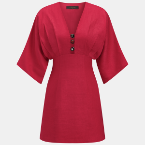 Linen Blend V Neck Embellished Mini Dress