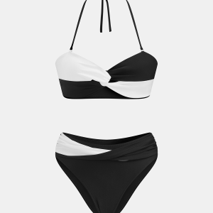 Two-Tone Twist Front Halter Bikini Set
