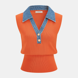 Denim Collar Metal Button Sleeveless Knit Vest