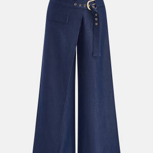 Buckle-Waist Overlap Wide Leg Pants