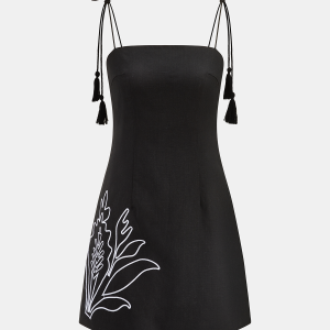 Tassel Tie Embroidered Linen Blend Mini Dress