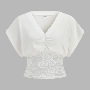 Lace Waist V-Neck Ruched Blouse