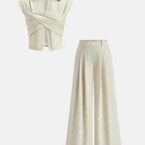 Cotton Linen Wrap Top & Pleated Pants Set