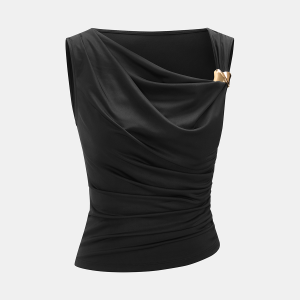 Metal Detail Satin Ruched Cowl Neck Tank Top