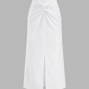 Cotton Linen Twisted Slit Midi Skirt