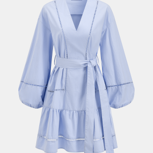 Cotton V-Neck Lantern Sleeve Belted Mini Dress