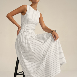 Cotton Blend Striped Ruched Sleeveless Maxi Dress