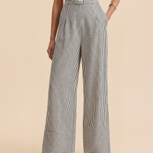 Belted Striped Wide-Leg Pants