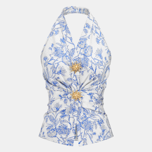 Floral Print Embellished Ruched Halter Top