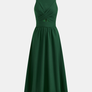 Linen Blend Sleeveless Cut-Out Midi Dress
