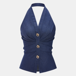 Metal Button Denim Halter Ruched Top