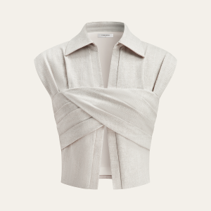 Linen Blend Cropped Blouse with Cross Wrap Detail