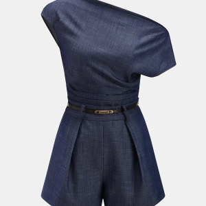 Asymmetric Off-Shoulder Belted Denim Romper
