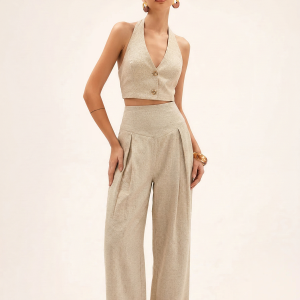 Linen Blend Halter Crop Top & Pants Set