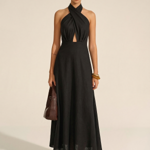 Cotton Linen Halter Neck Cut-Out Maxi Dress