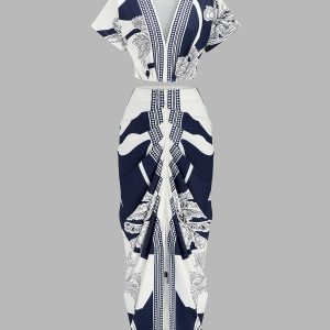 Printed V-Neck Top & Ruched Midi Skirt Set