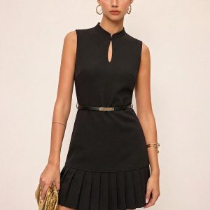 Sleeveless Keyhole Pleated Belted Mini Dress