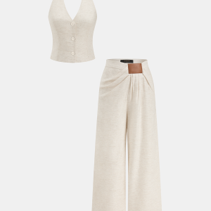Linen Blend Halter Buttoned Top & Pants Set