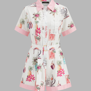 Cotton Linen Tropical Print Belted Romper