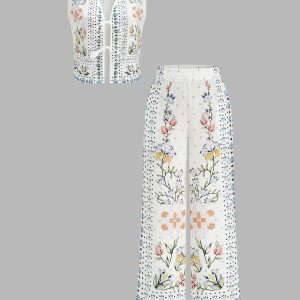 Floral Print Sleeveless Tie Front Top & Pants Set