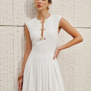 Sleeveless Horsebit Pleated Mini Dress