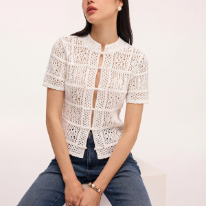 Frog Button Crochet Knit Short Sleeve Top