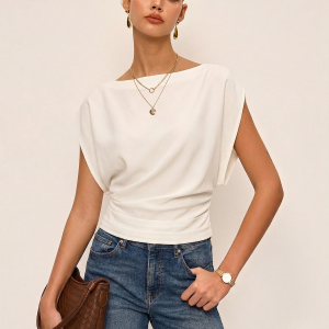 Ruched Cinched Waist Boat Neck Blouse