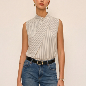 Sleeveless Striped High Neck Blouse