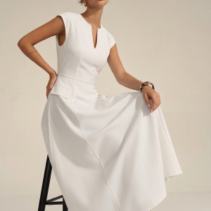 V Neck Cap Sleeve Midi Dress