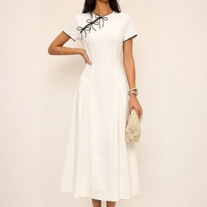 Bow Detail Cotton Cheongsam Midi Dress