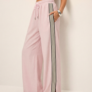 Cotton Linen Striped Split Drawstring Pants
