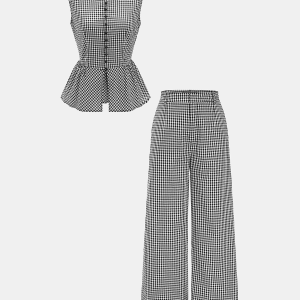 Gingham Cotton Sleeveless Peplum Top & Pants Set