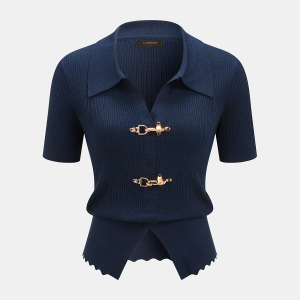 Short Sleeve Collared Buckle Rib Knit Top