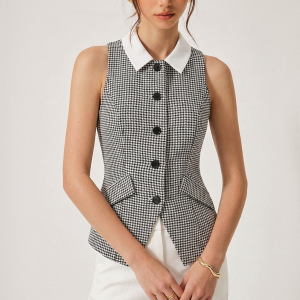 Houndstooth Collared Button Down Vest