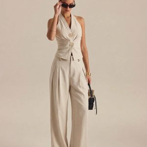 Linen Blend Halter Ruched Top & Pants Set