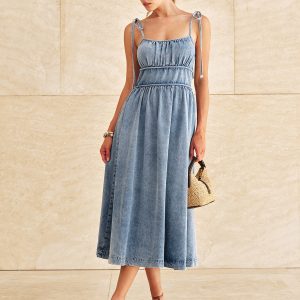 Denim Tie-Strap Tiered Midi Dress