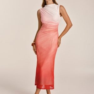 Gradient Ruched Mesh Bodycon Midi Dress