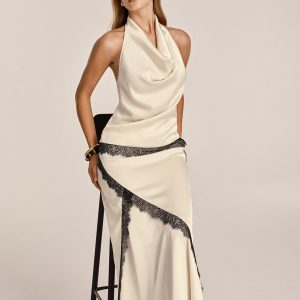 Lace Trim Satin Cowl Neck Top & Mermaid Skirt Set