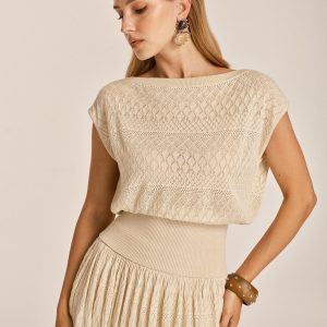 Openwork Knit Boat Neck Sleeveless Top