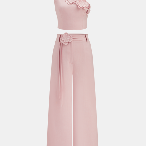 3D Flower One-Shoulder Crop Top & Pants Set