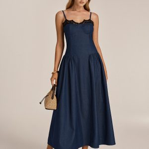 Lace Trim Faux Denim Cami Maxi Dress